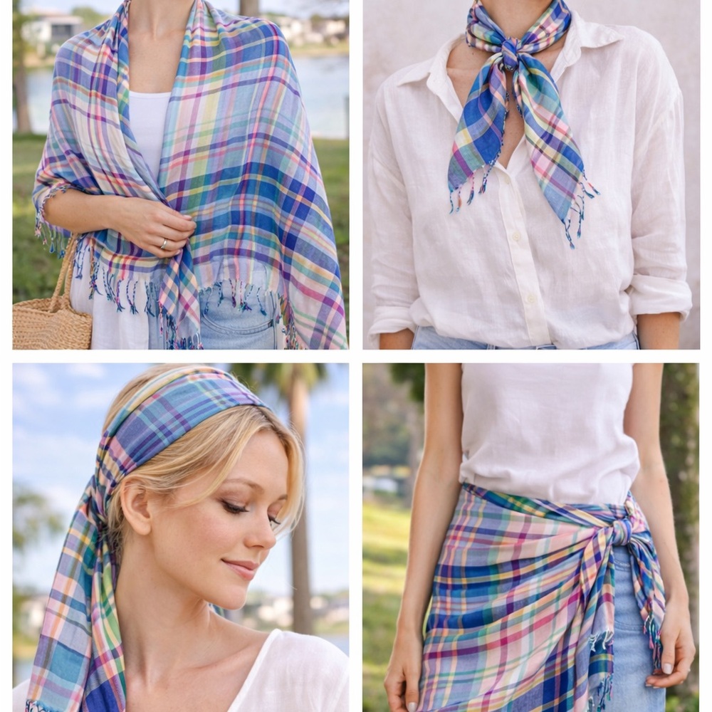 Ralph Lauren Scarf Classic Equestrian Style Neutral Plaid Lightweight Wrap